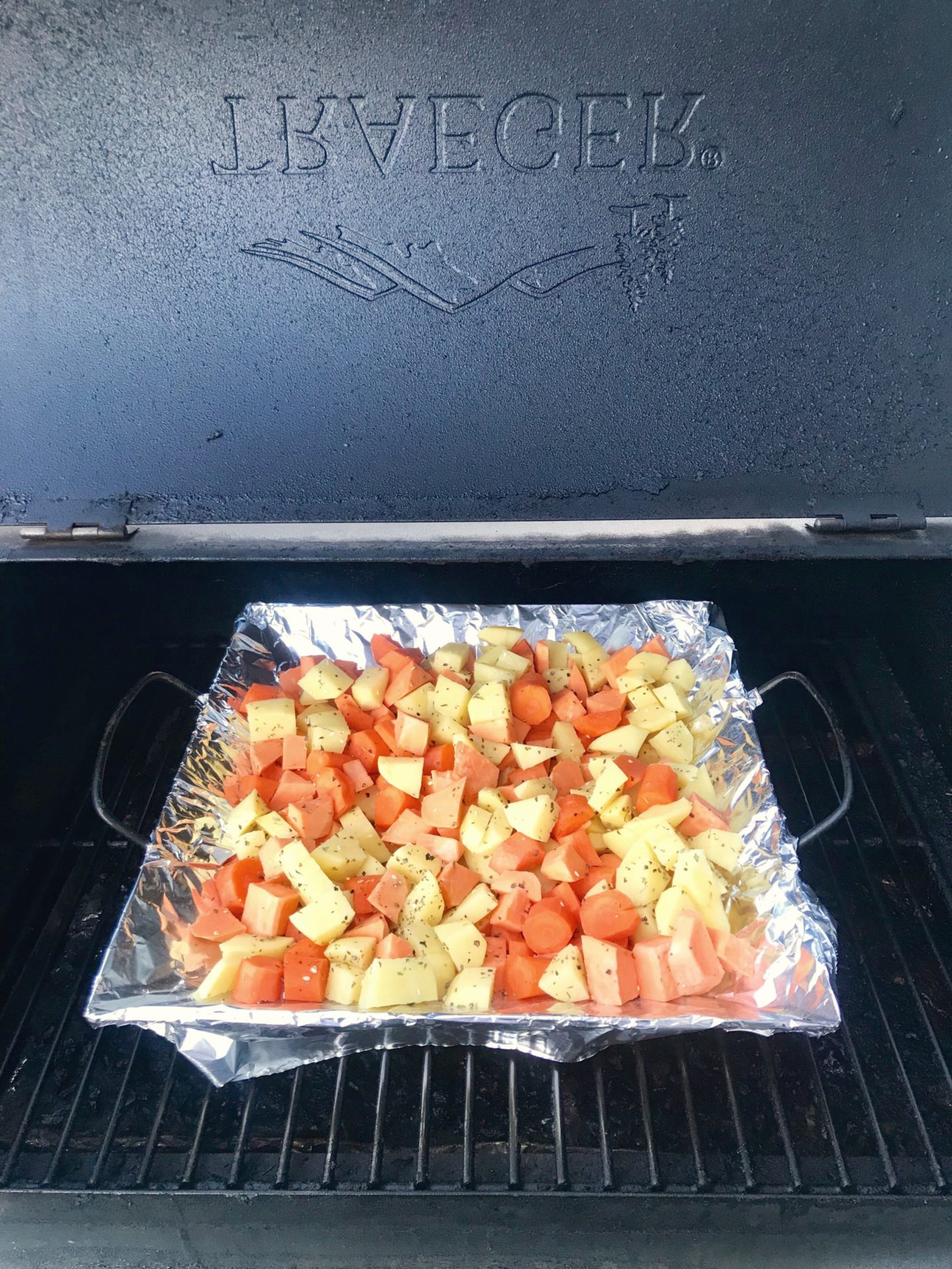 roasted veggies, vegetables, root veggies, potatoes, carrots, yams, sweet potatoes.  good to eat, gluten free, on the grill, traeger